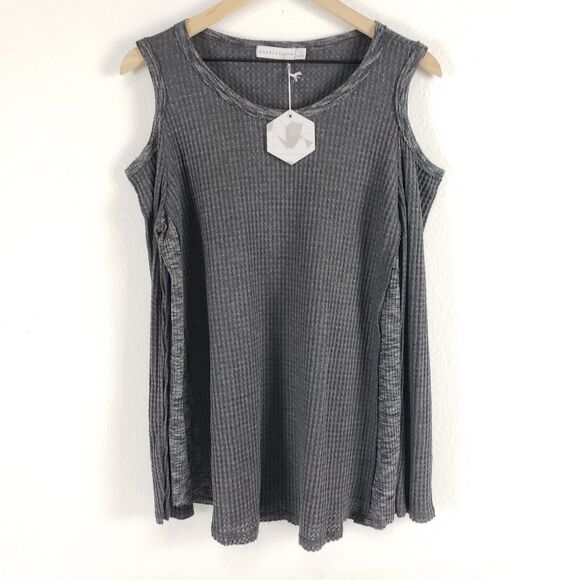 NEW!! Paper Crane SIZE L Gray Cold Shoulder Boho Long Sleeve Blouse Top Waffle - Picture 1 of 12